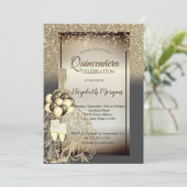 Gold Glitzer Dress, Ballons, Quinceanera Celebrati Einladung (Stehend Vorderseite)