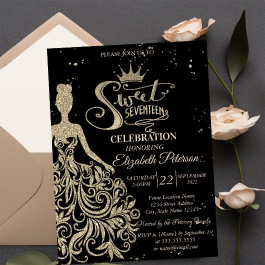 Gold Glitzer Dress, Confetti Black Quinceañera Einladung
