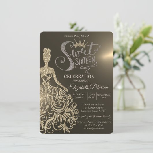 Gold Glitzer Dress, Diamonds Gold Sweet 16 Einladung (Stehend Vorderseite)