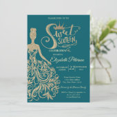 Gold Glitzer Dress Girl Tiara, Diamanten Sweet 16 Einladung (Stehend Vorderseite)