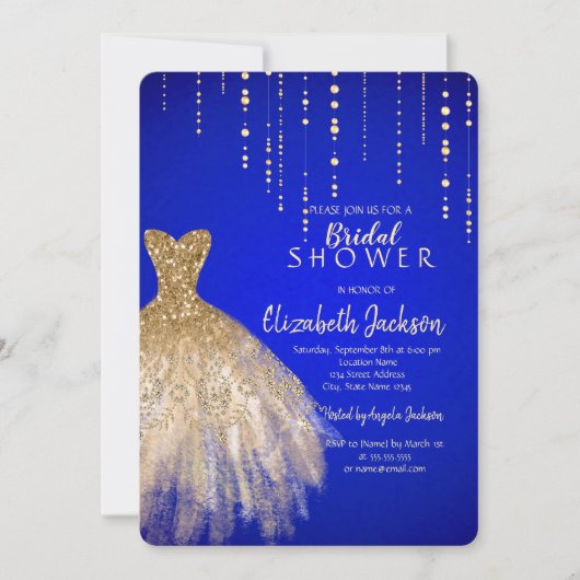 Gold Glitzer Dress Royal Blue Brautparty Einladung (Vorderseite)