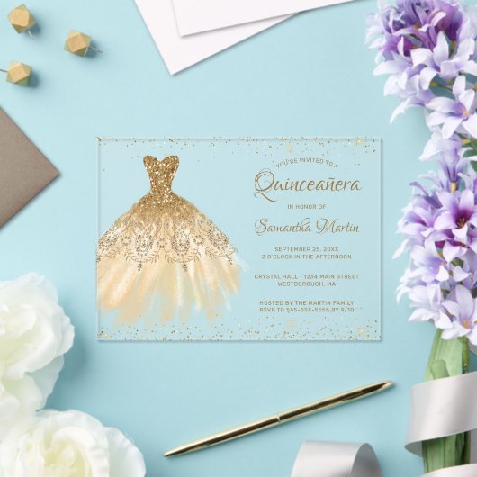 Gold Glitzer Dress Script Quinceañera Party Acryleinladungen (In Situ (Hochzeit))