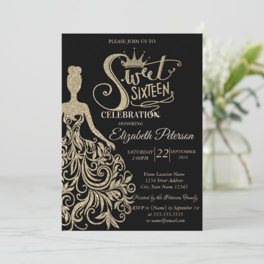 Gold Glitzer Dress, Tiara, Diamonds Black Sweet 16 Einladung (Stehend Vorderseite)