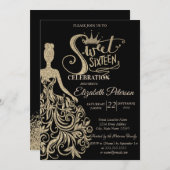 Gold Glitzer Dress, Tiara, Diamonds Black Sweet 16 Einladung (Vorne/Hinten)