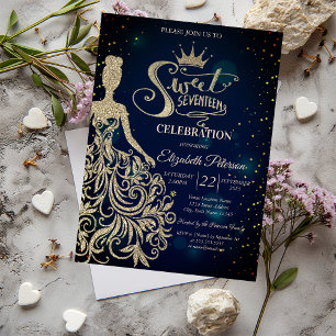 Gold Glitzer Dress, Tiara, Diamonds Blue Sweet 17 Einladung