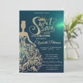 Gold Glitzer Dress, Tiara, Diamonds Green Sweet 16 Einladung (Stehend Vorderseite)