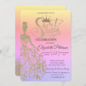 Gold Glitzer Dress, Tiara, Diamonds Ombre Sweet 16 Einladung (Vorne/Hinten)