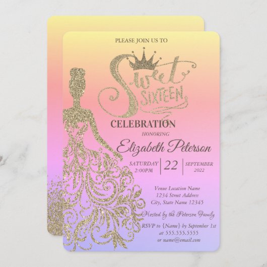 Gold Glitzer Dress, Tiara, Diamonds Ombre Sweet 16 Einladung (Vorne/Hinten)