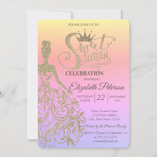 Gold Glitzer Dress, Tiara, Diamonds Ombre Sweet 16 Einladung (Vorderseite)