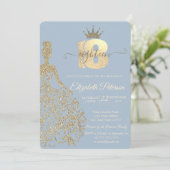Gold Glitzer Dress, Tiara, Dusty Blue 18. Geburtst Einladung (Stehend Vorderseite)