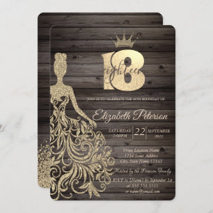 Gold Glitzer Dress, Tiara, Holz 18. Geburtstag Einladung