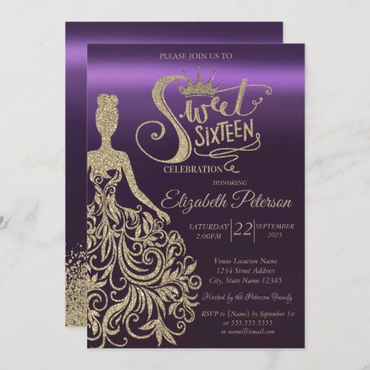 Gold Glitzer Dress, Tiara, Lila Sweet 16 Einladung (Vorne/Hinten)