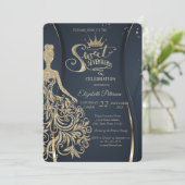 Gold Glitzer Dress Tiara Navy Blue Quinceañera Einladung (Stehend Vorderseite)