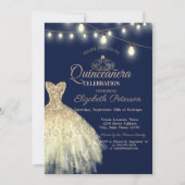 Gold Glitzer Dress, Tiara Quinceañera Einladung (Vorderseite)
