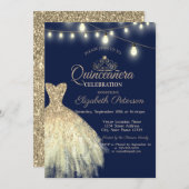 Gold Glitzer Dress, Tiara Quinceañera Einladung (Vorne/Hinten)