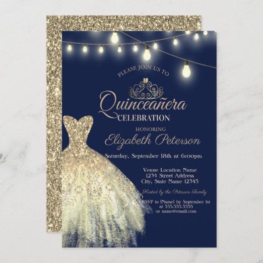 Gold Glitzer Dress, Tiara Quinceañera Einladung (Vorne/Hinten)