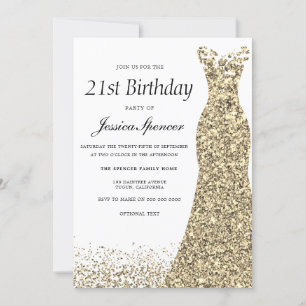 Gold Glitzer Dress Womans 21. Geburtstag Party Einladung
