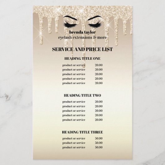 Gold Glitzer Dripps EYELASH SALON SERVICE LIST Flyer (Vorne)