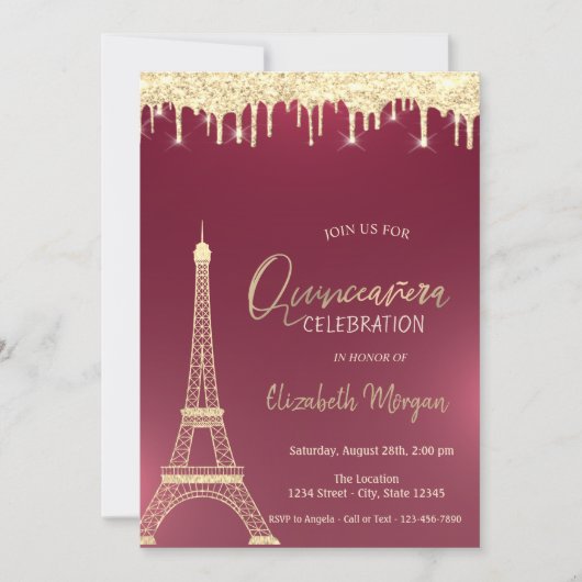 Gold Glitzer Drops Eiffelturm Red Quinceanera Einladung (Vorderseite)