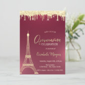 Gold Glitzer Drops Eiffelturm Red Quinceanera Einladung (Stehend Vorderseite)