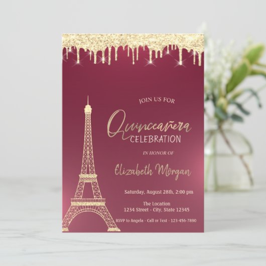 Gold Glitzer Drops Eiffelturm Red Quinceanera Einladung (Stehend Vorderseite)