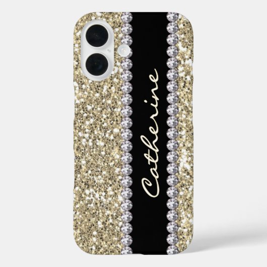 Gold Glitzer Edelsteine mit Name und Mongram Case-Mate iPhone Hülle (Rückseite)