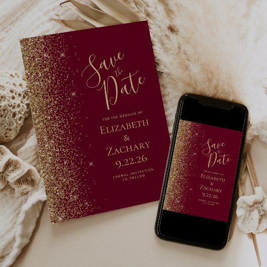 Gold Glitzer Edge Burgundy Red Save the Date Ankündigung