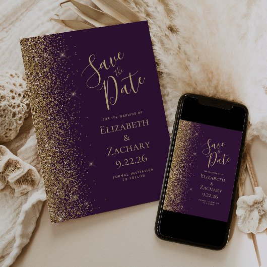 Gold Glitzer Edge Dark Save the Date Lila Ankündigung