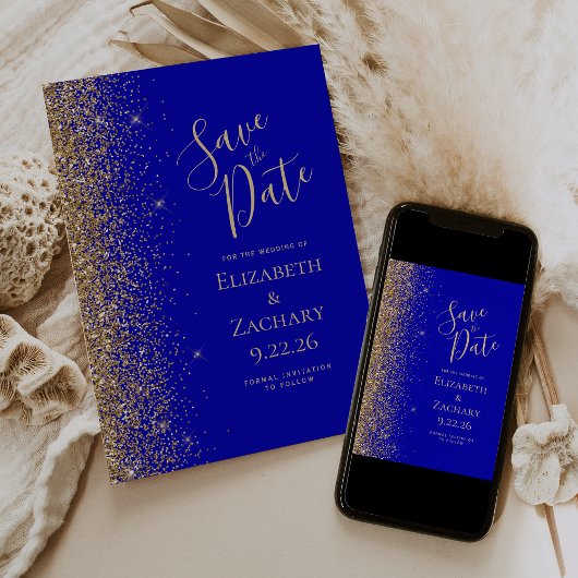 Gold Glitzer Edge Royal Blue Save the Date Ankündigung