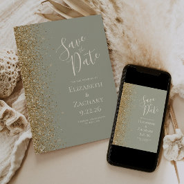 Gold Glitzer Edge Sage Green Save the Date Ankündigung