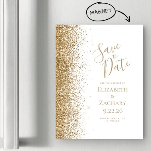 Gold Glitzer Edge White Magnetic Save the Date Magnetkarte