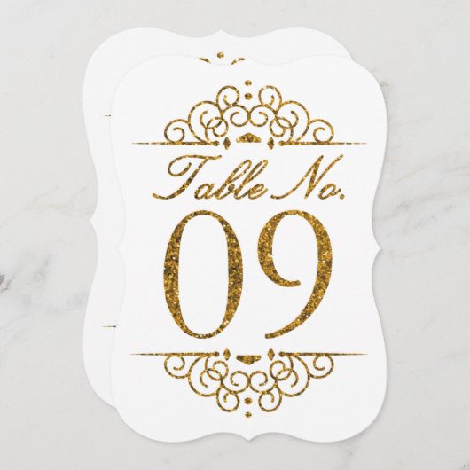 Gold Glitzer Effect Wedding Tischnummer Card (09) (Vorne/Hinten)