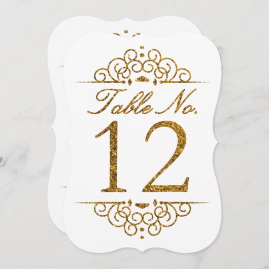 Gold Glitzer Effect Wedding Tischnummer Card (12) (Vorne/Hinten)
