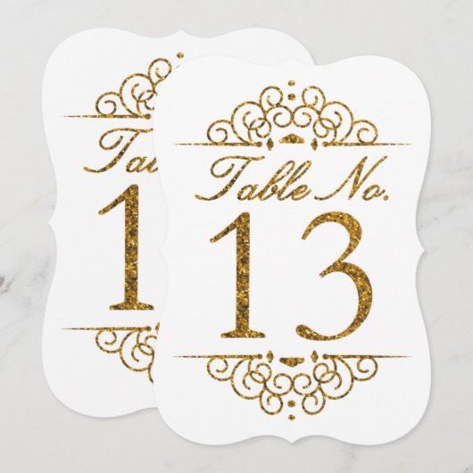 Gold Glitzer Effect Wedding Tischnummer Card (13) (Vorne/Hinten)