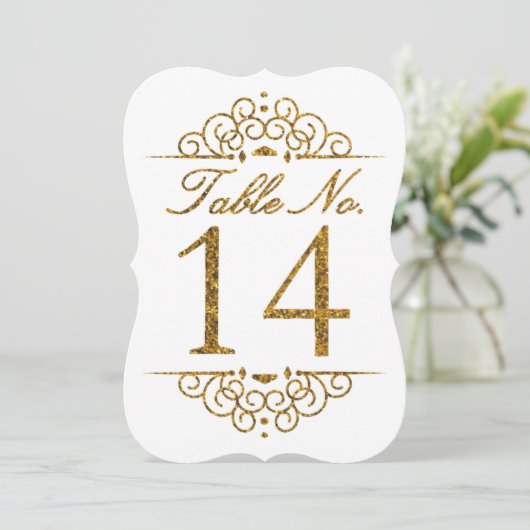 Gold Glitzer Effect Wedding Tischnummer Card (14) (Stehend Vorderseite)