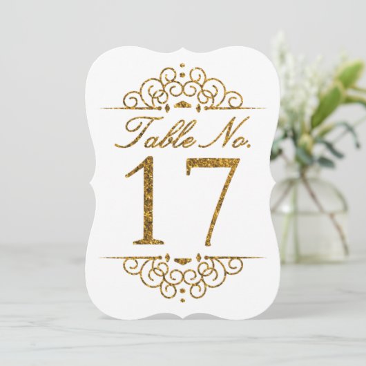Gold Glitzer Effect Wedding Tischnummer Card (17) (Stehend Vorderseite)