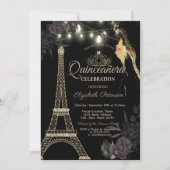 Gold Glitzer Eiffel Tower Black Rose Quinceañera Einladung (Vorderseite)