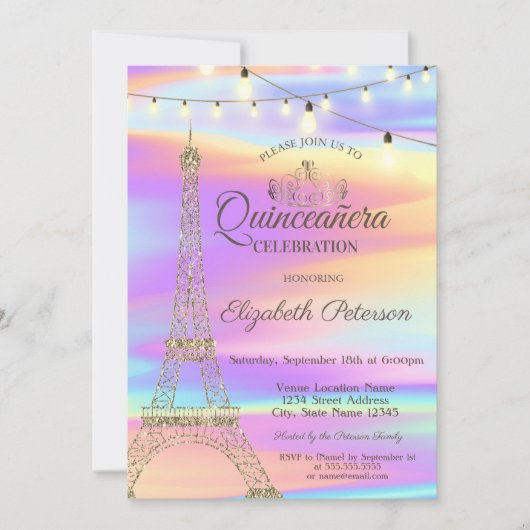 Gold Glitzer Eiffel Tower Holographic Quinceañera Einladung (Vorderseite)