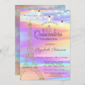 Gold Glitzer Eiffel Tower Holographic Quinceañera Einladung (Vorne/Hinten)