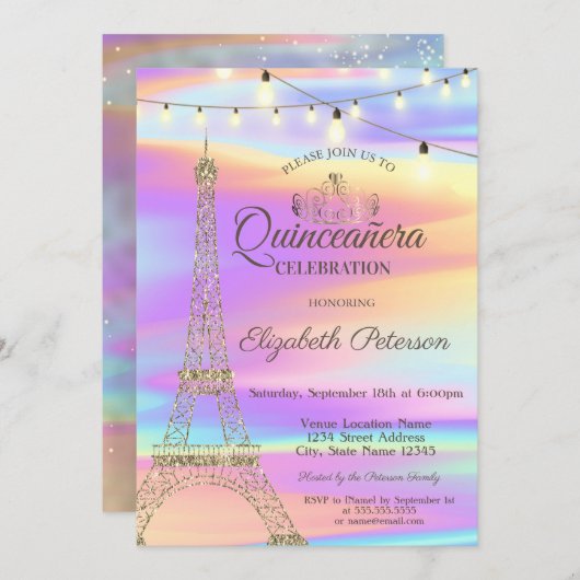 Gold Glitzer Eiffel Tower Holographic Quinceañera Einladung (Vorne/Hinten)