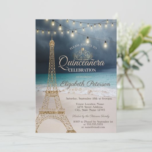 Gold Glitzer Eiffel Tower, Tiara Beach Quinceañera Einladung (Stehend Vorderseite)