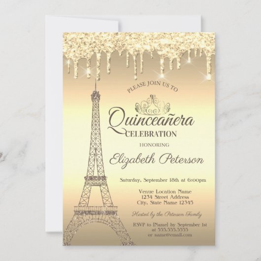 Gold Glitzer Eiffelturm, Tiara, Tropfen Quinceañer Einladung (Vorderseite)