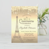 Gold Glitzer Eiffelturm, Tiara, Tropfen Quinceañer Einladung (Stehend Vorderseite)