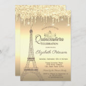 Gold Glitzer Eiffelturm, Tiara, Tropfen Quinceañer Einladung (Vorne/Hinten)
