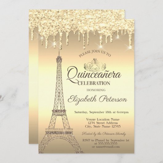 Gold Glitzer Eiffelturm, Tiara, Tropfen Quinceañer Einladung (Vorne/Hinten)