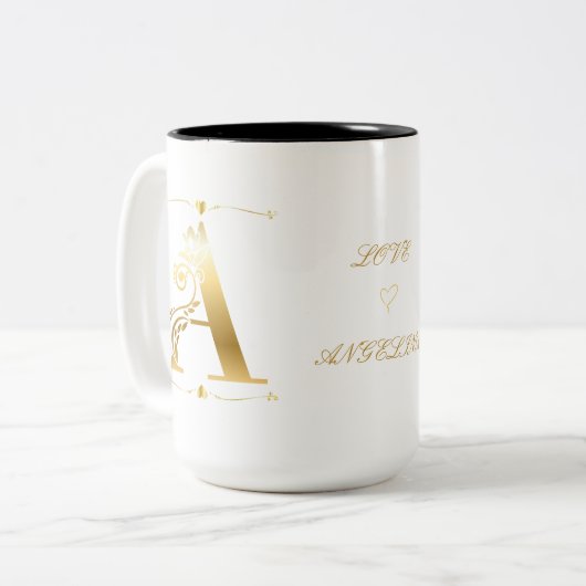 Gold-Glitzer Ein Monogramm-Benutzerdefinierter Tex Zweifarbige Tasse (Vorderseite Links)