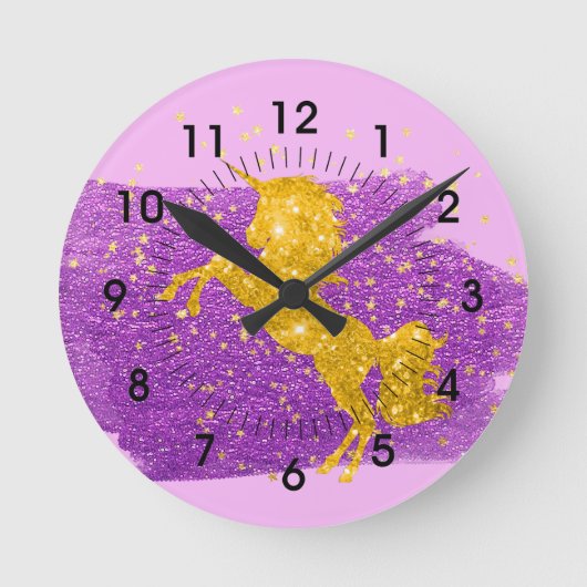 Gold Glitzer Einhorn auf Rosa Runde Wanduhr (Vorderseite)