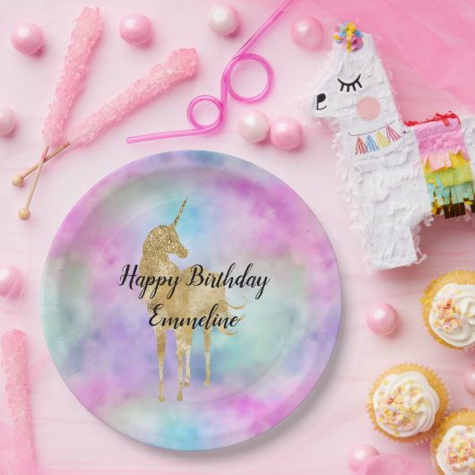 Gold Glitzer Einhorn Lila Rosa Aqua Pappteller (Party)
