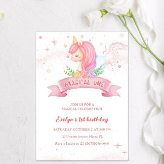 Gold Glitzer Einhorn Magical 1. Geburtstag Einladung