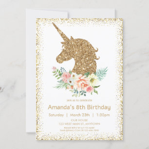 Gold Glitzer Einhorn mit Blumengeschmack Geburtsta Einladung